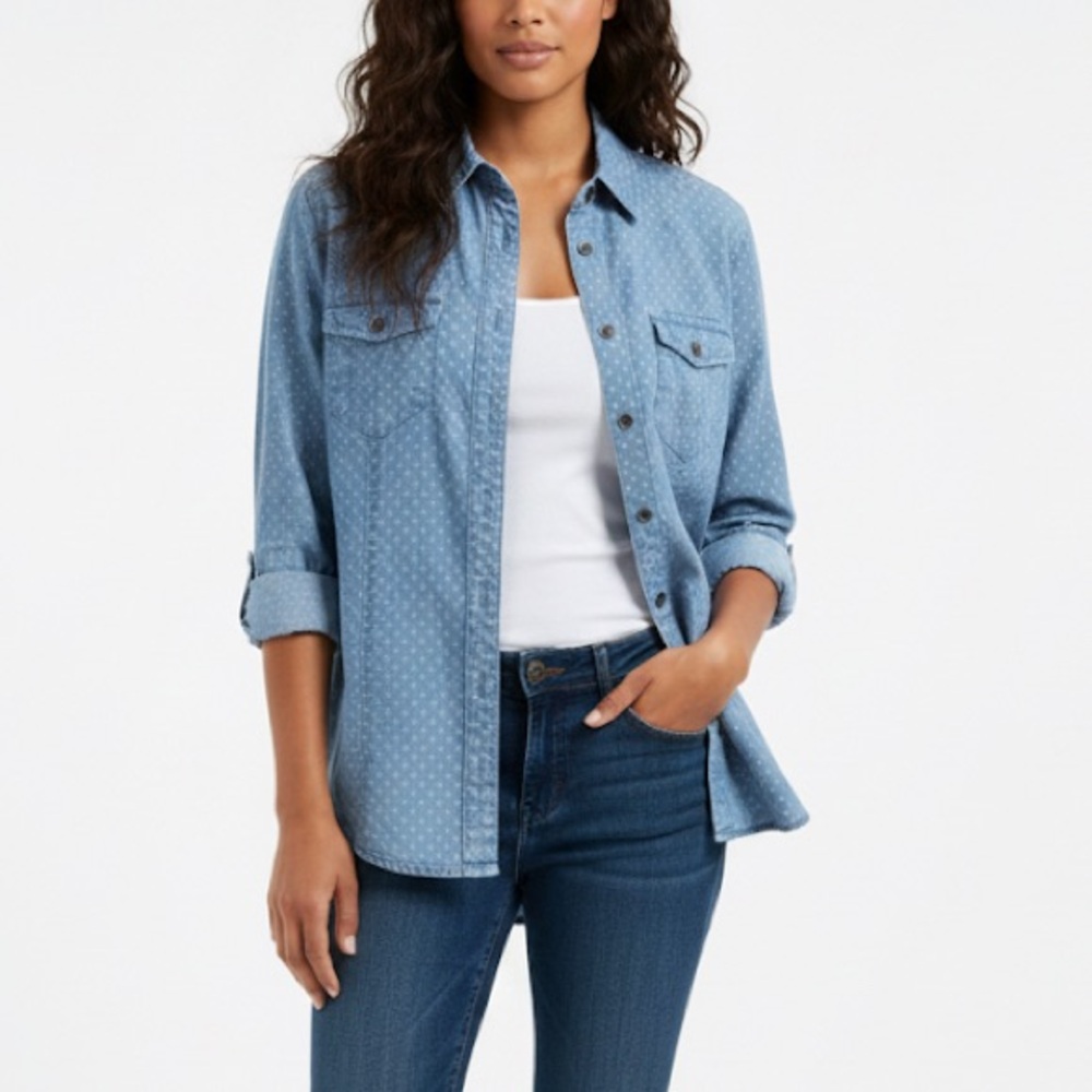 Style & Co. Light Blue Denim Dotted Button-Up Shirt - XS
